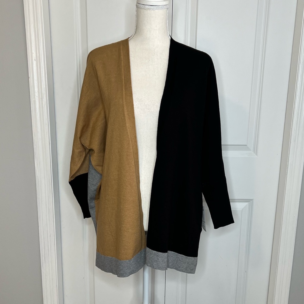 Chico’s Colorblock Cardigan Sweater Black Tan Grey Oversized NEW WITH FLAWS XS/S